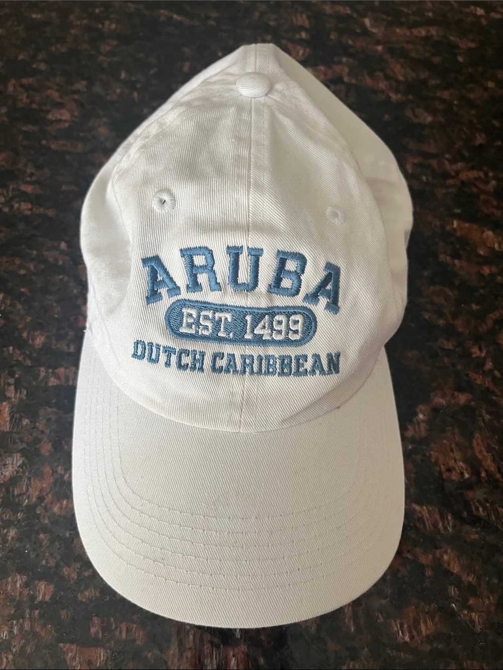 Aruba Dutch Caribbean White Baseball Cap with Blue Embroidery
